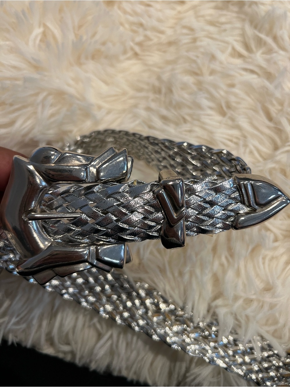 Woven Metallic Silver Belt with Polished Buckle